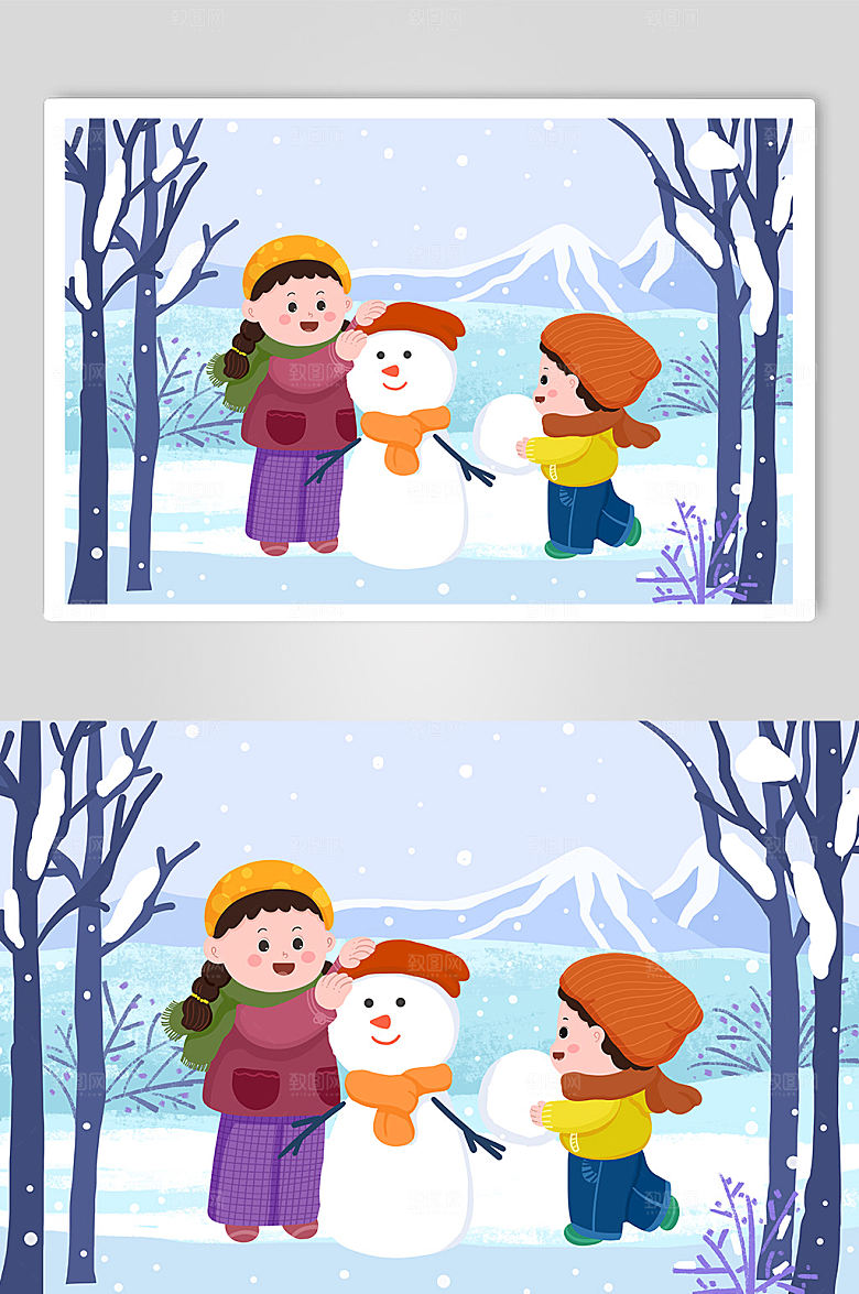 创意堆雪人小雪节气人物时尚插画