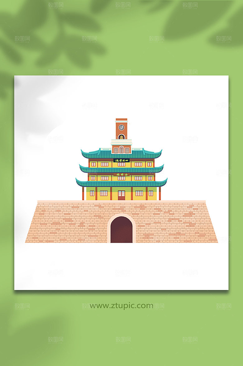 国潮宁波鼓楼建筑插画元素