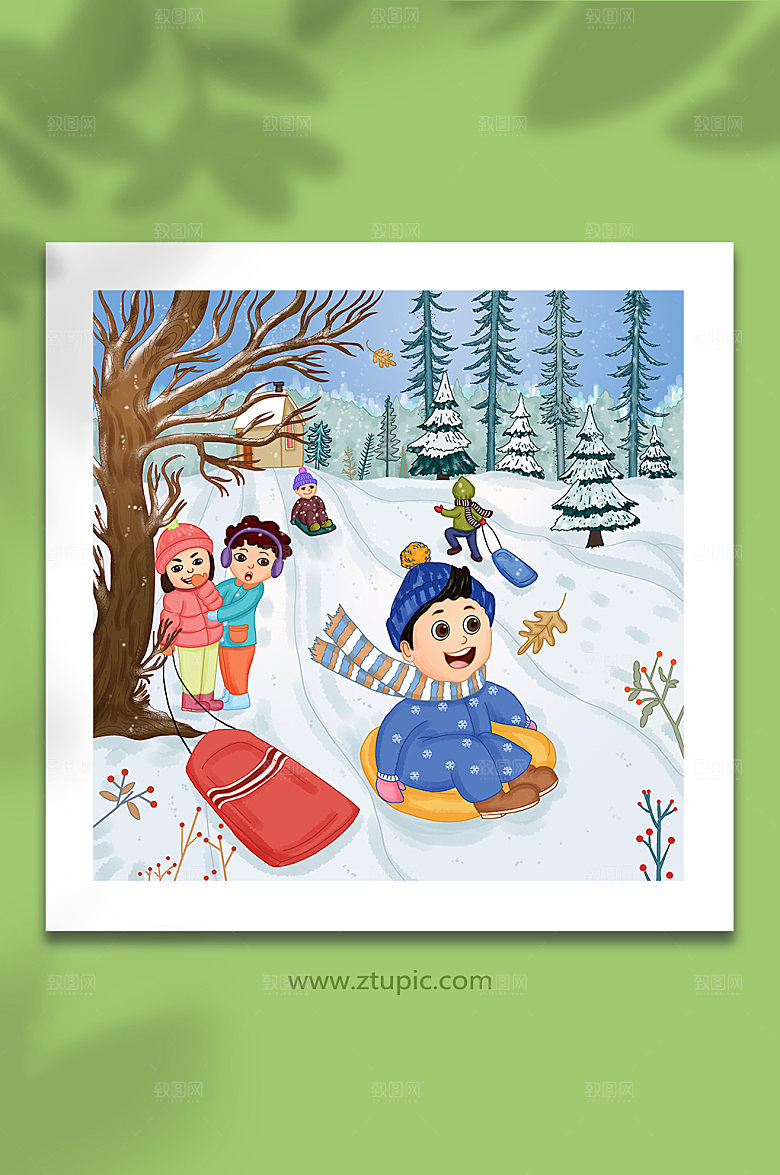 手绘滑雪小雪节气人物原创插画