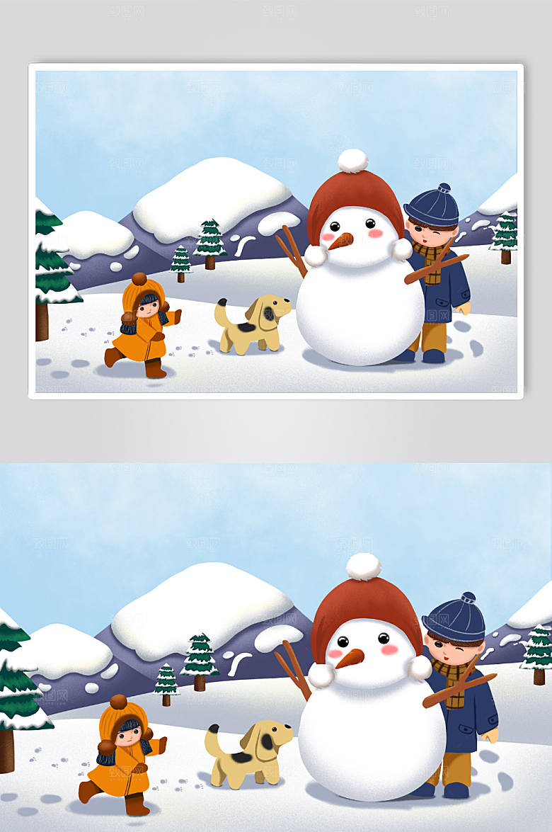 蓝色堆雪人小雪节气冬天原创插画