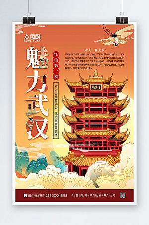 大气手绘魅力武汉城市旅游国潮海报