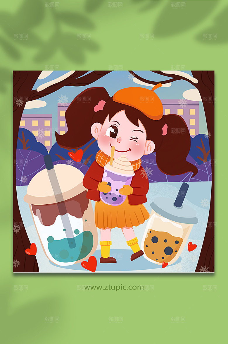 简约手绘冬季奶茶人物创意插画