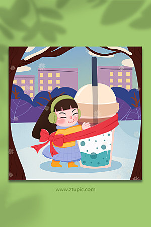 现代女生喜爱冬季奶茶人物大气插画