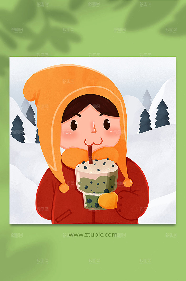 大气雪地冬季奶茶人物简约插画