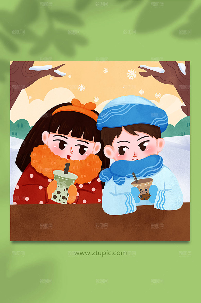大气情侣冬季奶茶人物高级插画