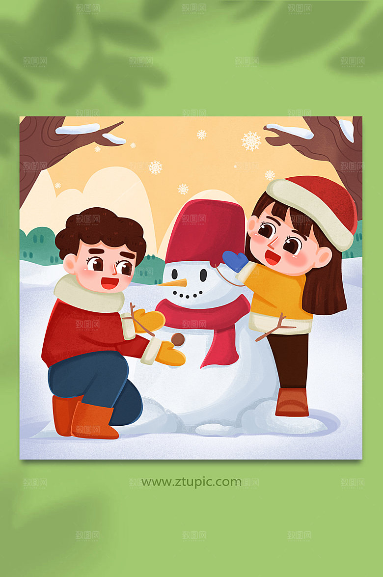 时尚堆雪人小雪节气人物创意插画