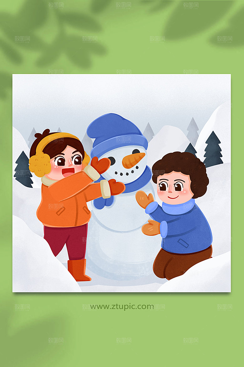 简约堆雪人小雪节气人物大气插画