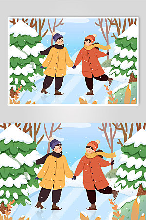 大气冬季滑冰小雪节气人物创意插画
