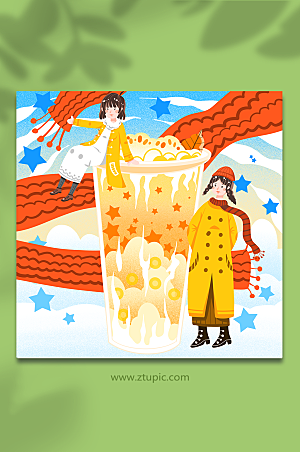 时尚女孩饮品冬季奶茶人物温馨插画