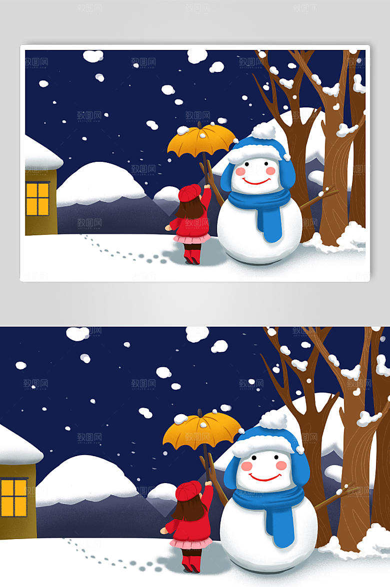 创意冬季小女孩小雪节气大气插画