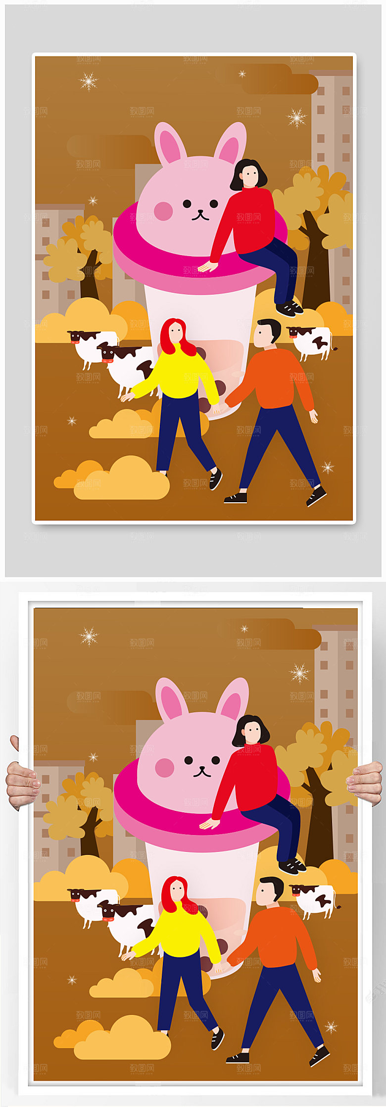 创意热饮促销冬季奶茶人物现代插画
