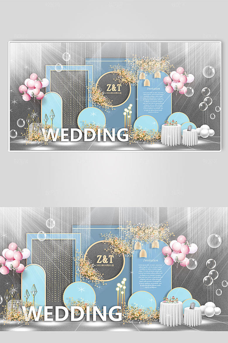 蓝色唯美迎宾区美陈婚礼时尚布置