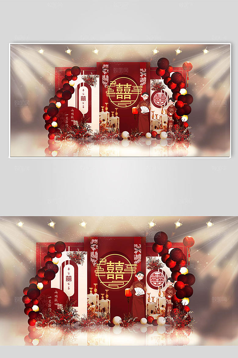 红色高端婚礼迎宾区美陈现代布置