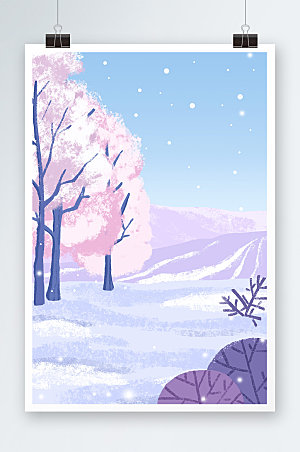 创意冬季下雪风景插画大气背景图