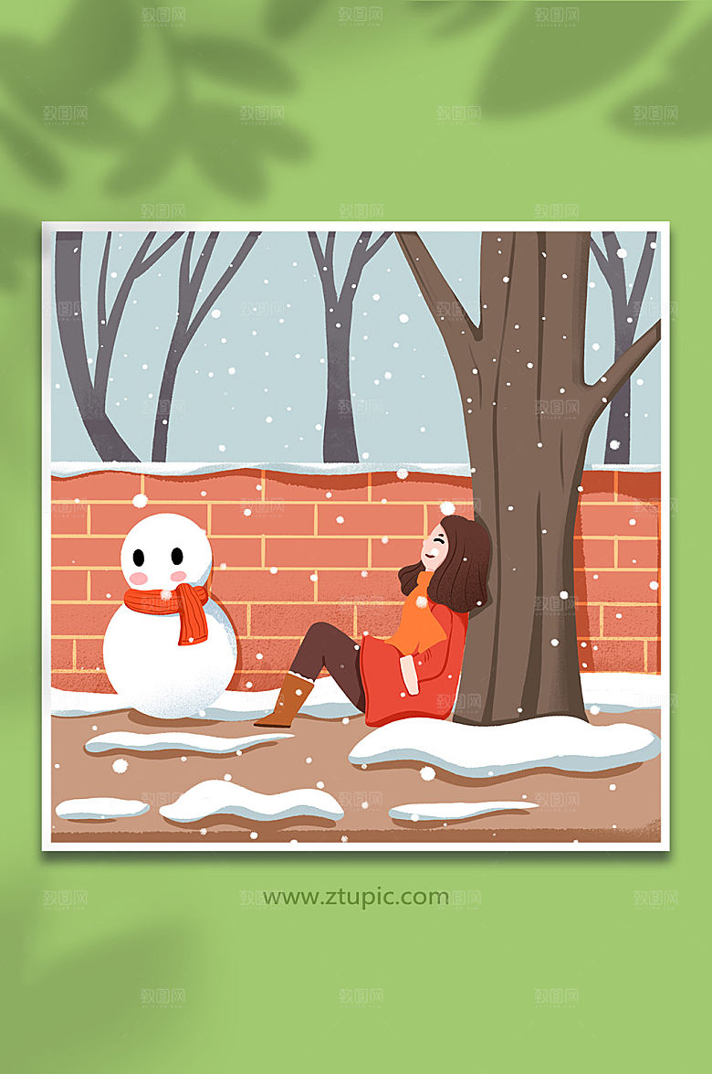 现代小雪节气下雪天女孩高端插画