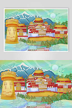 中国风香格里拉地标建筑大气插画