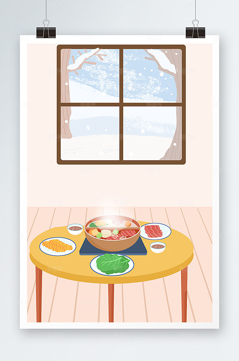 创意吃火锅小雪节气插画高端背景图