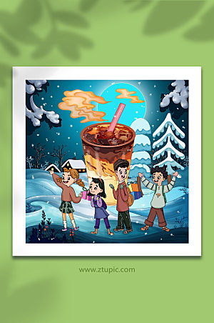 手绘下雪热饮冬季奶茶人物创意插画