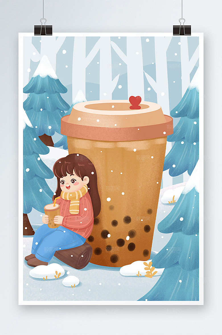 高端下雪天冬季奶茶人物蓝色插画