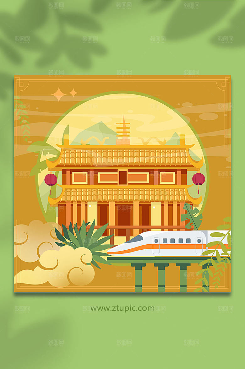 国潮台南孔庙台湾地标建筑创意插画