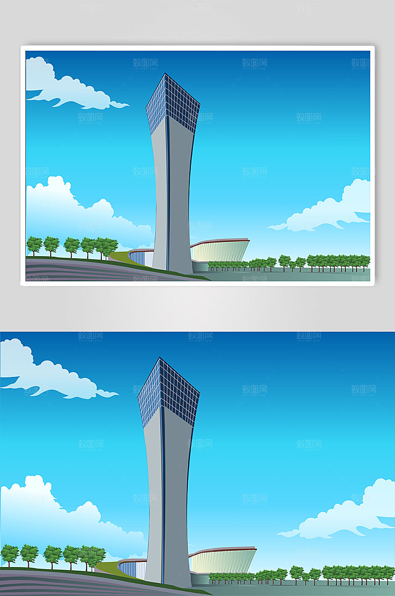 清爽三亚城市地标建筑蓝天插画