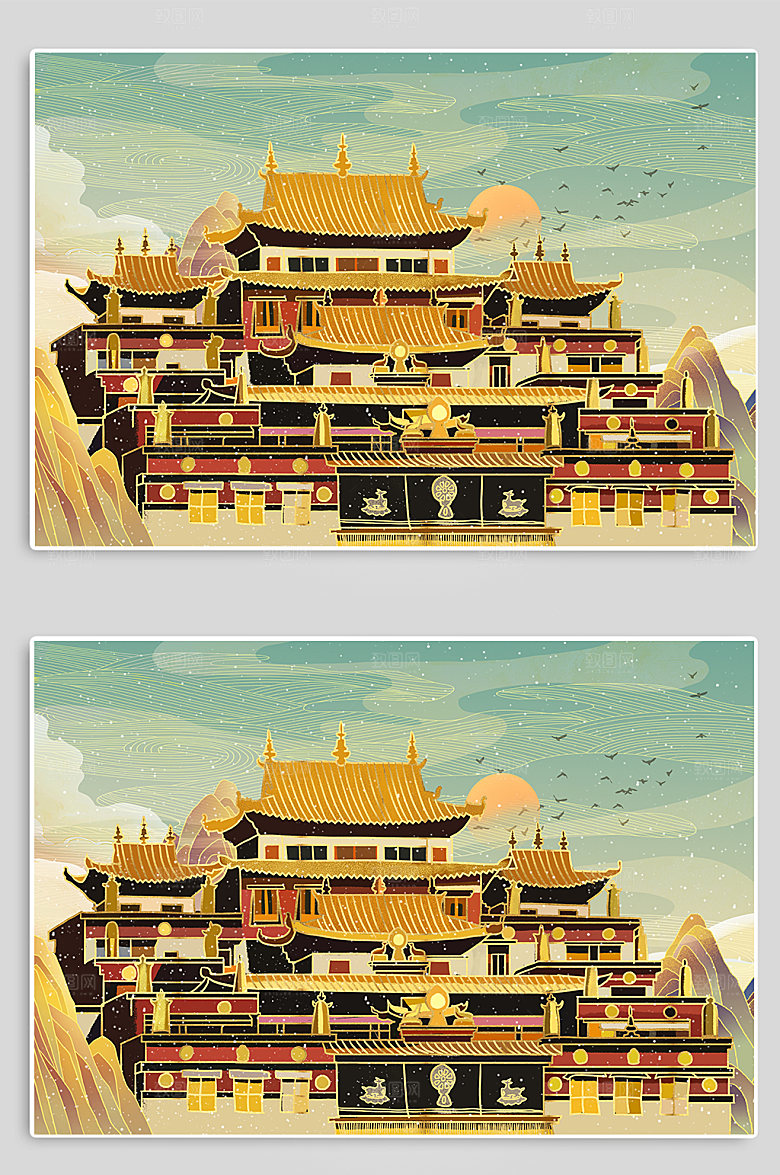 手绘香格里拉地标建筑宣传插画