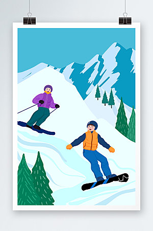 蓝色冬季运动滑雪比赛人物插画