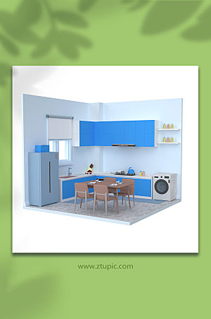 蓝色室内微缩景观厨房C4D模型