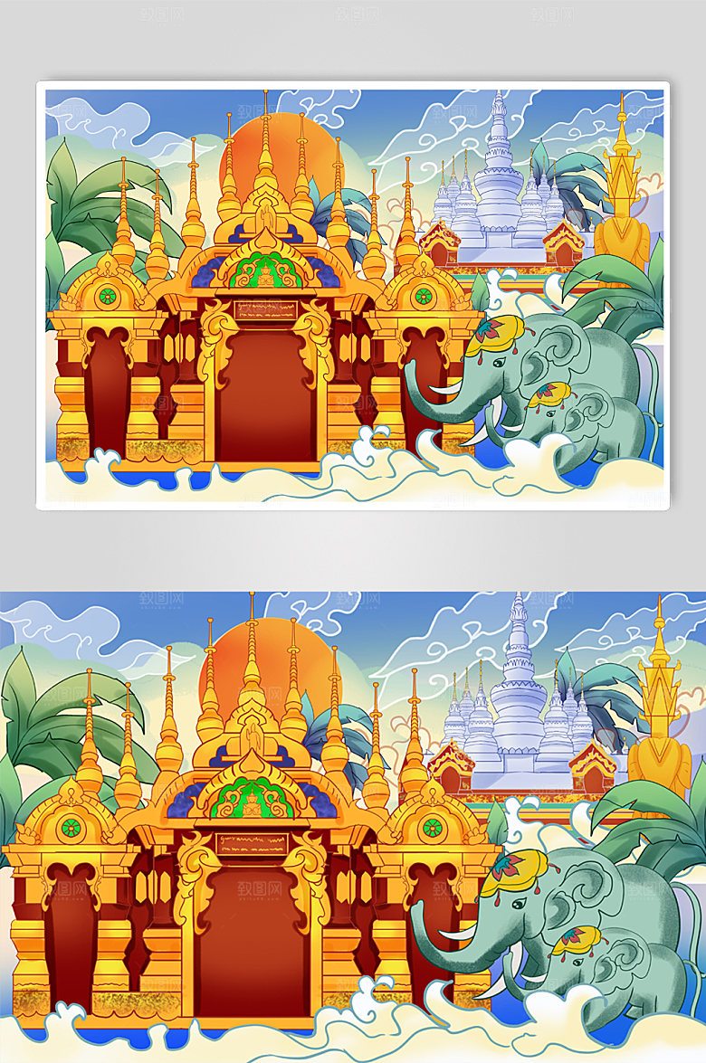 时尚国潮西双版纳地标建筑旅游插画