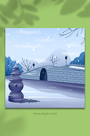 唯美手绘断桥残雪冬季雪景精美插画