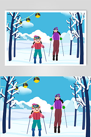 蓝色亲子滑雪冬季人物插画设计