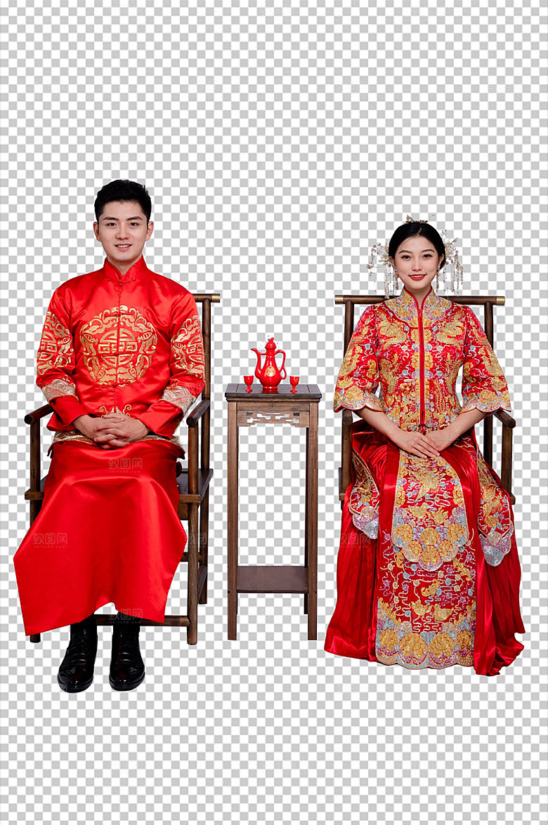 中式坐姿婚礼人物免扣PNG摄影照