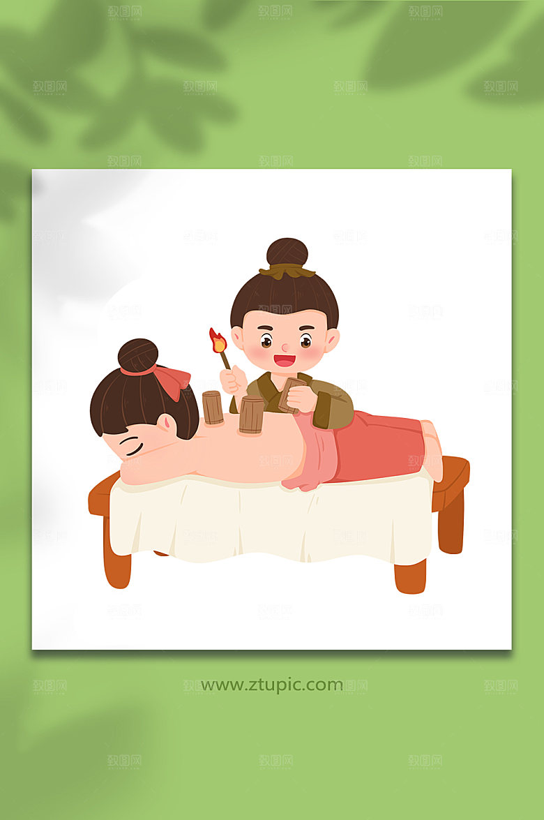 卡通拔罐中医养生医疗人物插画设计