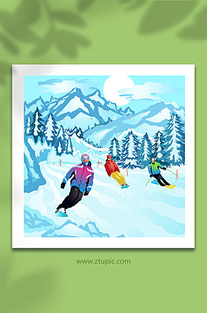 时尚极限运动冬季滑雪人物唯美插画