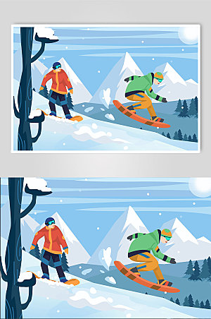 蓝色室外冬季滑雪人物卡通插画