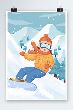 白雪皑皑可爱女孩冬季滑雪唯美插画