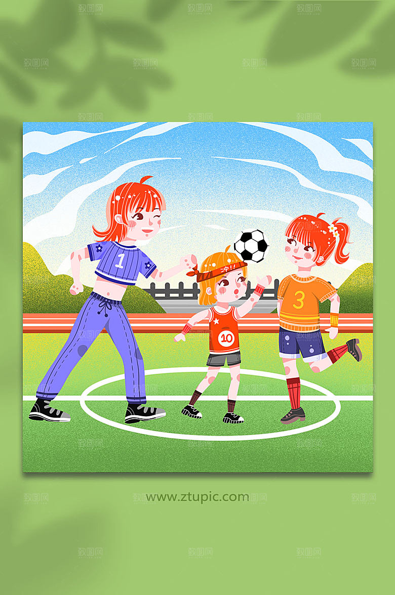 简洁亲子踢足球卡通人物插画