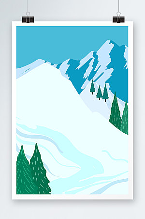 蓝色冬季白雪户外滑雪插画背景图