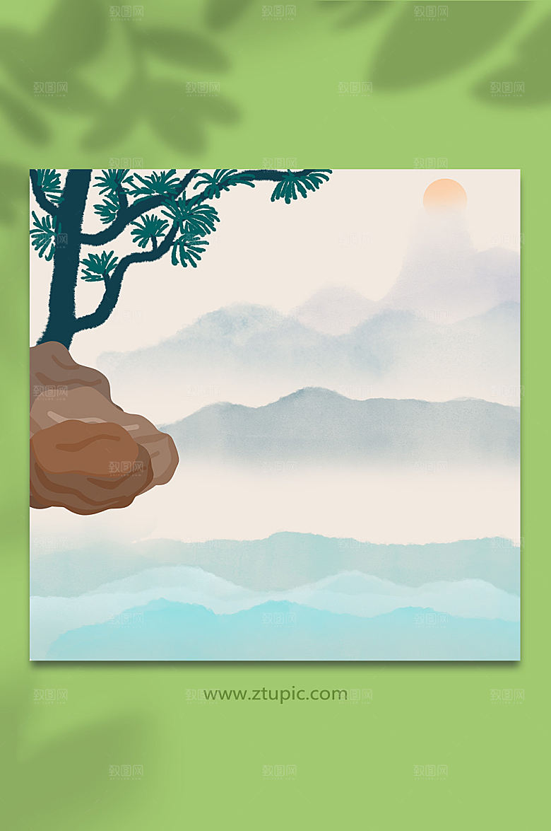 大气松树山石中医养生宣传插画背景图