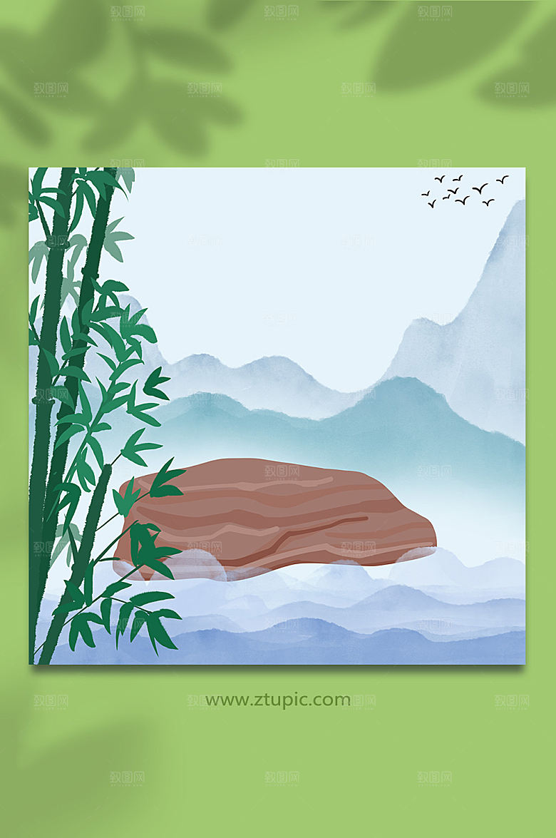 简洁古风山水竹子精美插画背景图