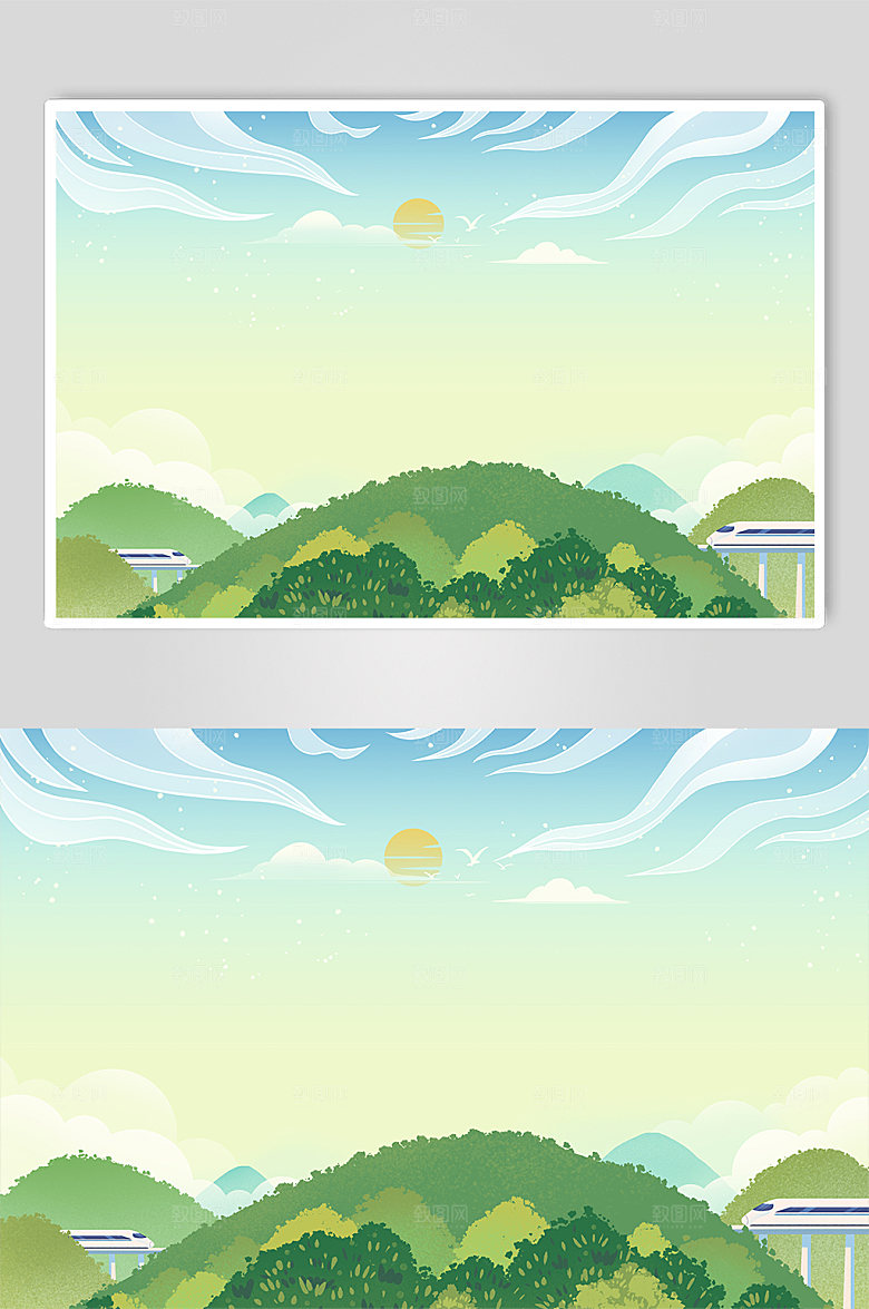 大气唯美高铁旅行插画绿色背景图