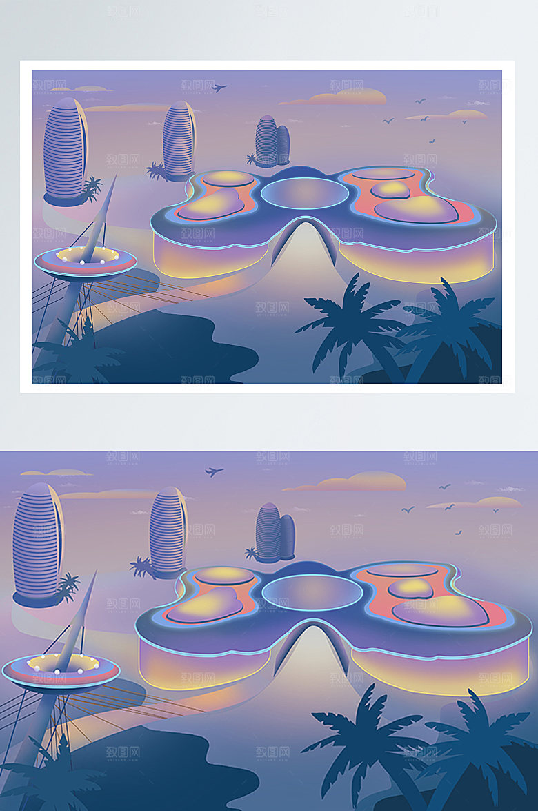 炫酷免税城三亚城市地标建筑宣传插画