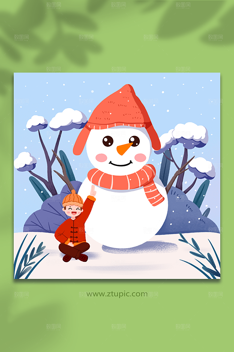 卡通小雪节气男孩雪人合影精美插画