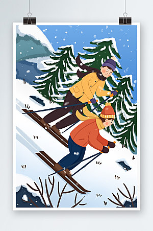 蓝色冬季滑雪父子卡通人物插画