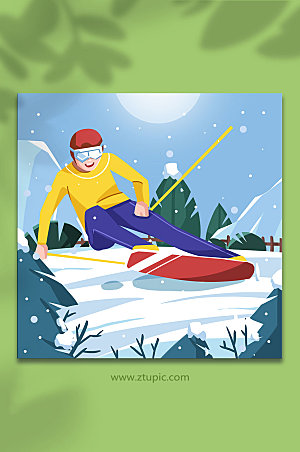 蓝色滑雪的运动员人物插画设计