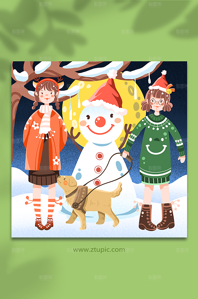 漫画女孩雪人欢度圣诞节人物插画