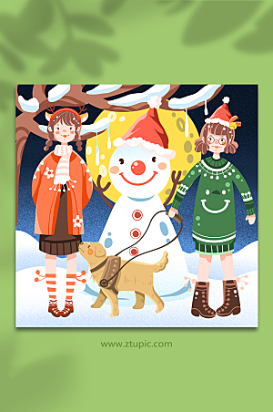 漫画女孩雪人欢度圣诞节人物插画