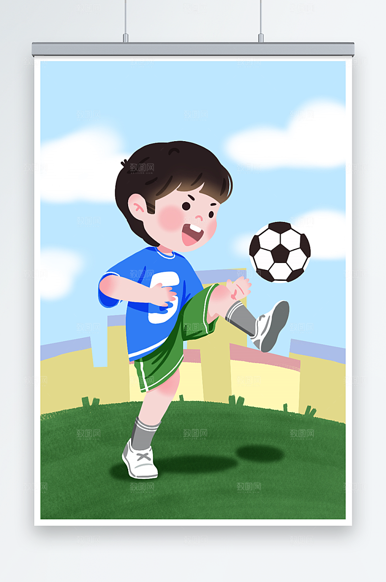 卡通小男孩踢足球人物插画