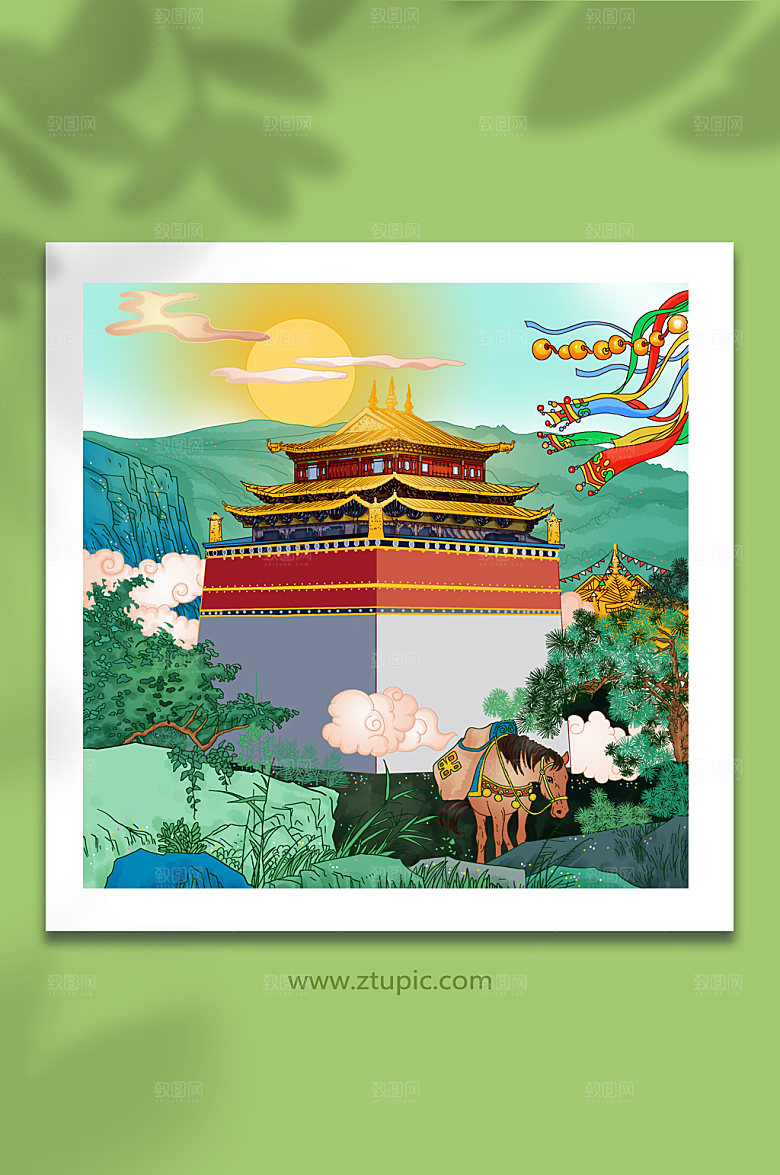 唯美香格里拉地标建筑卡通插画