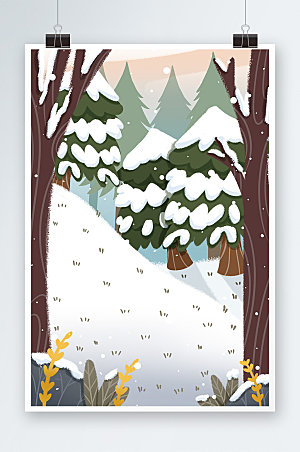 户外冬季雪景森林卡通背景图